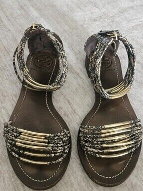 Tory Burch Gold-Accent Brown Leather Strappy Sandals